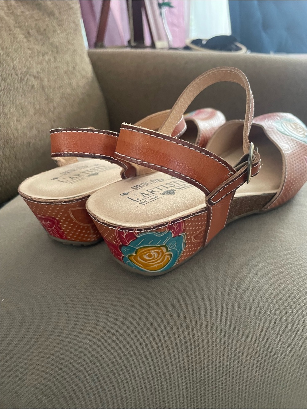 Brown Floral Embroidered Ankle-Strap Flats - Women's by Spring Step - Picture 4 of 9